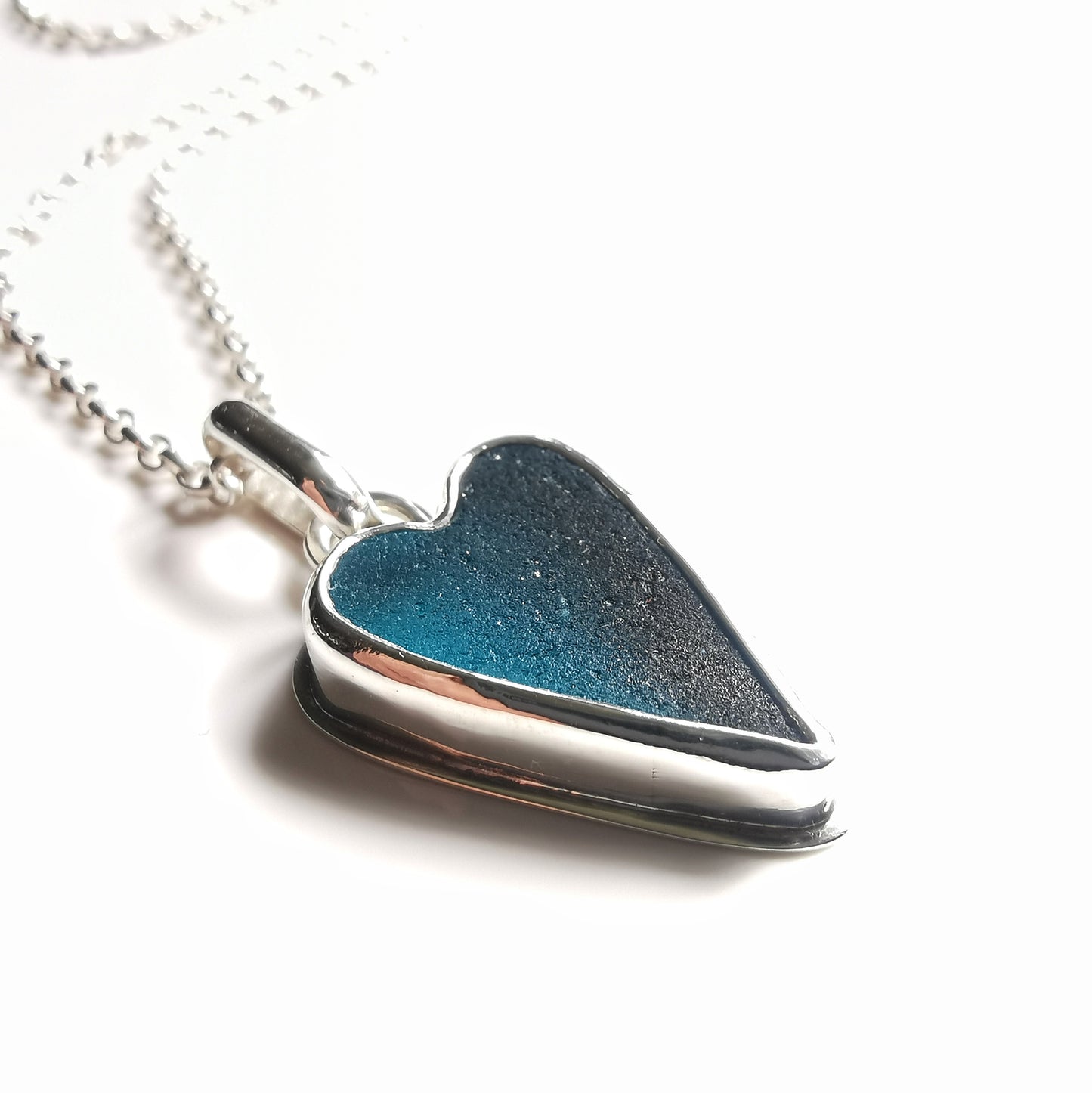 Scottish teal sea glass heart & sterling silver pendant.