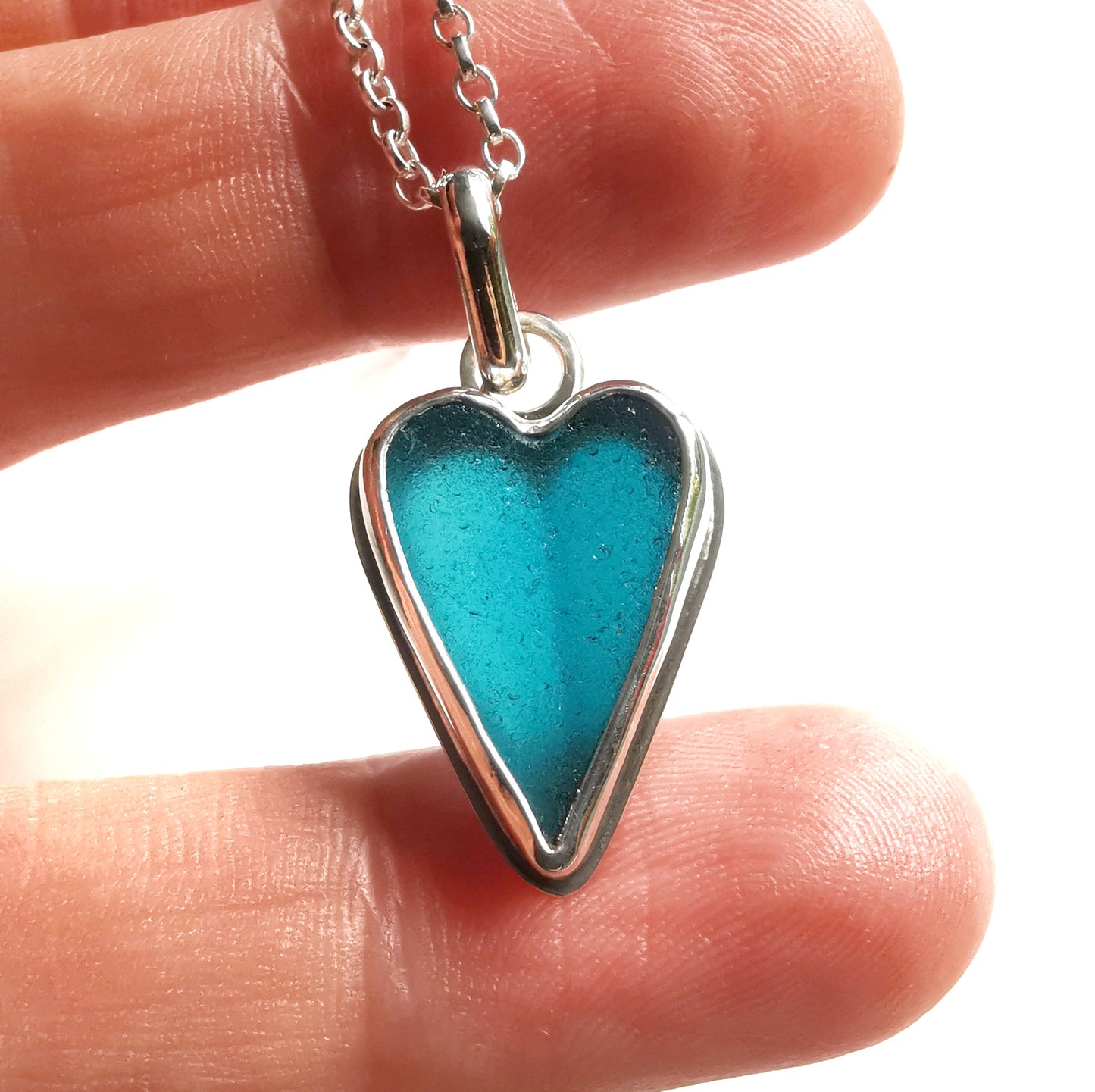 Scottish teal sea glass heart & sterling silver pendant.