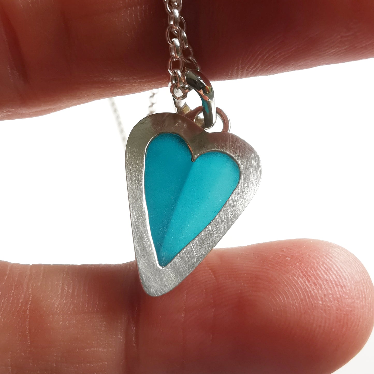 Scottish teal sea glass heart & sterling silver pendant.
