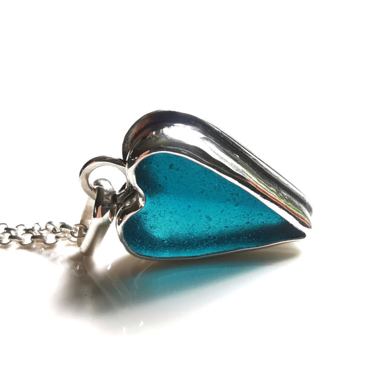 Scottish teal sea glass heart & sterling silver pendant.