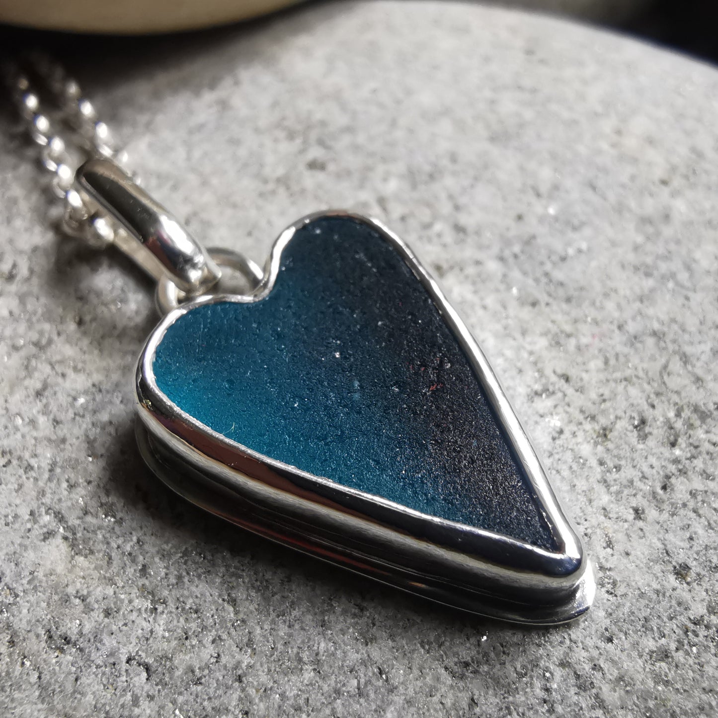 Scottish teal sea glass heart & sterling silver pendant.