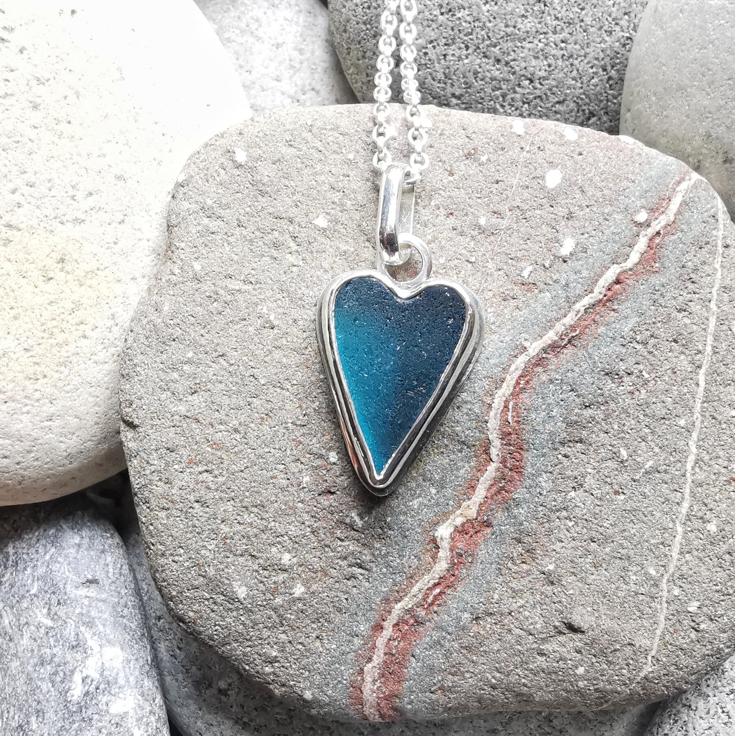 Scottish teal sea glass heart & sterling silver pendant.