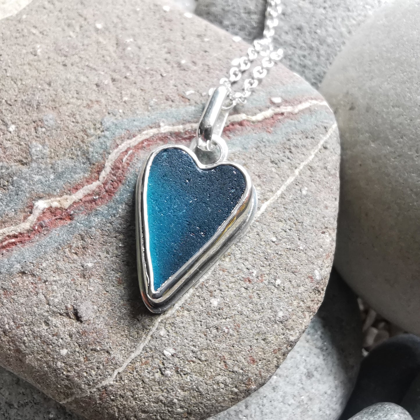 Scottish teal sea glass heart & sterling silver pendant.