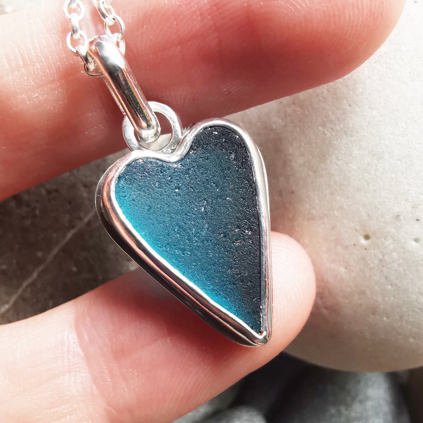 Scottish teal sea glass heart & sterling silver pendant.