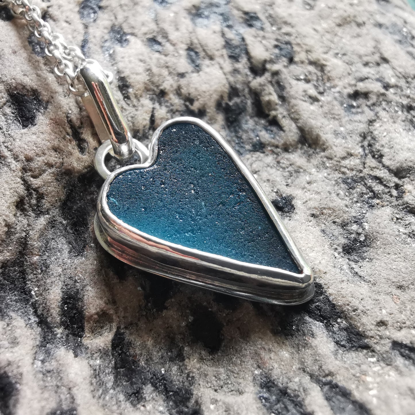 Scottish teal sea glass heart & sterling silver pendant.