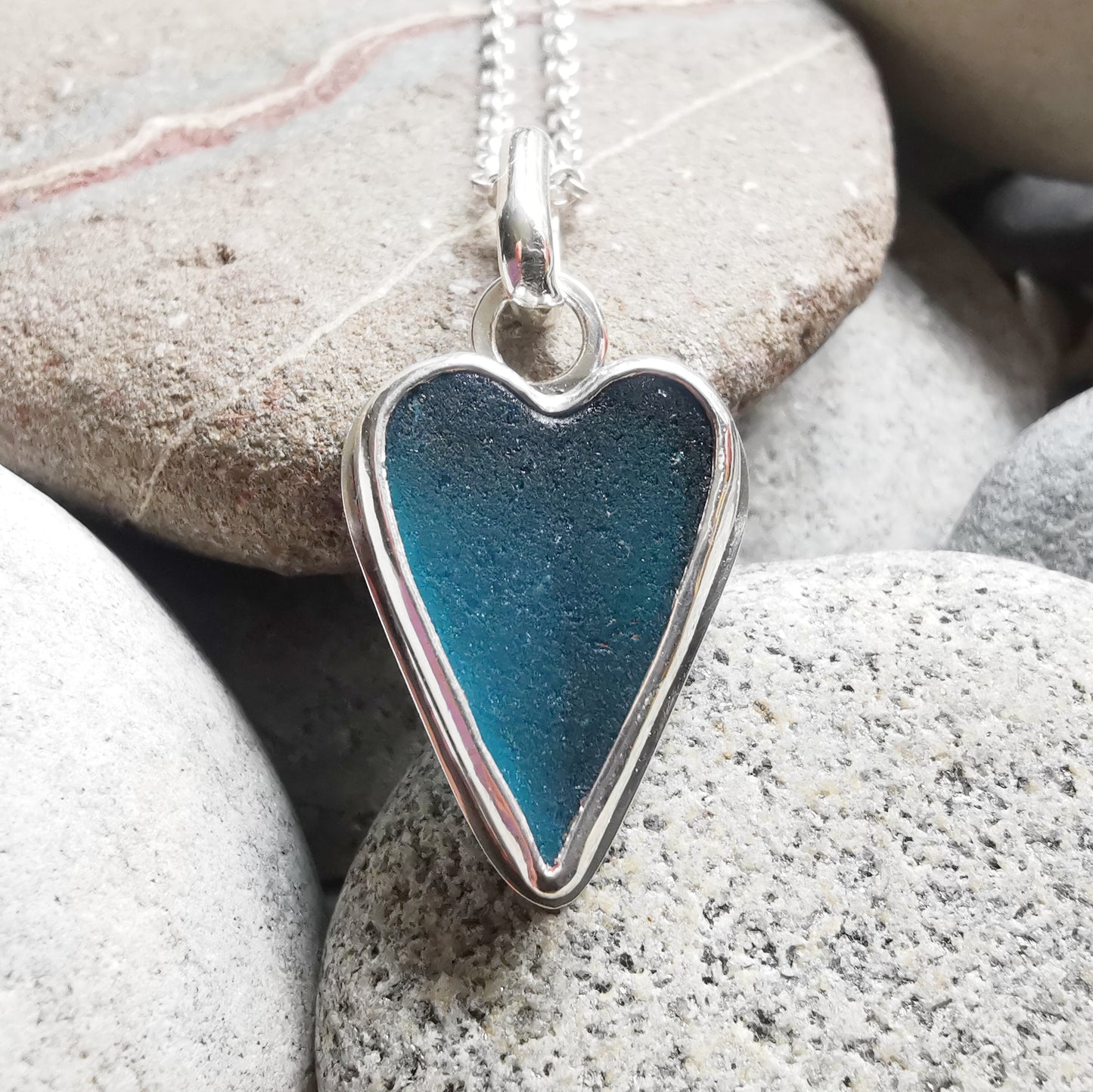 Scottish teal sea glass heart & sterling silver pendant.