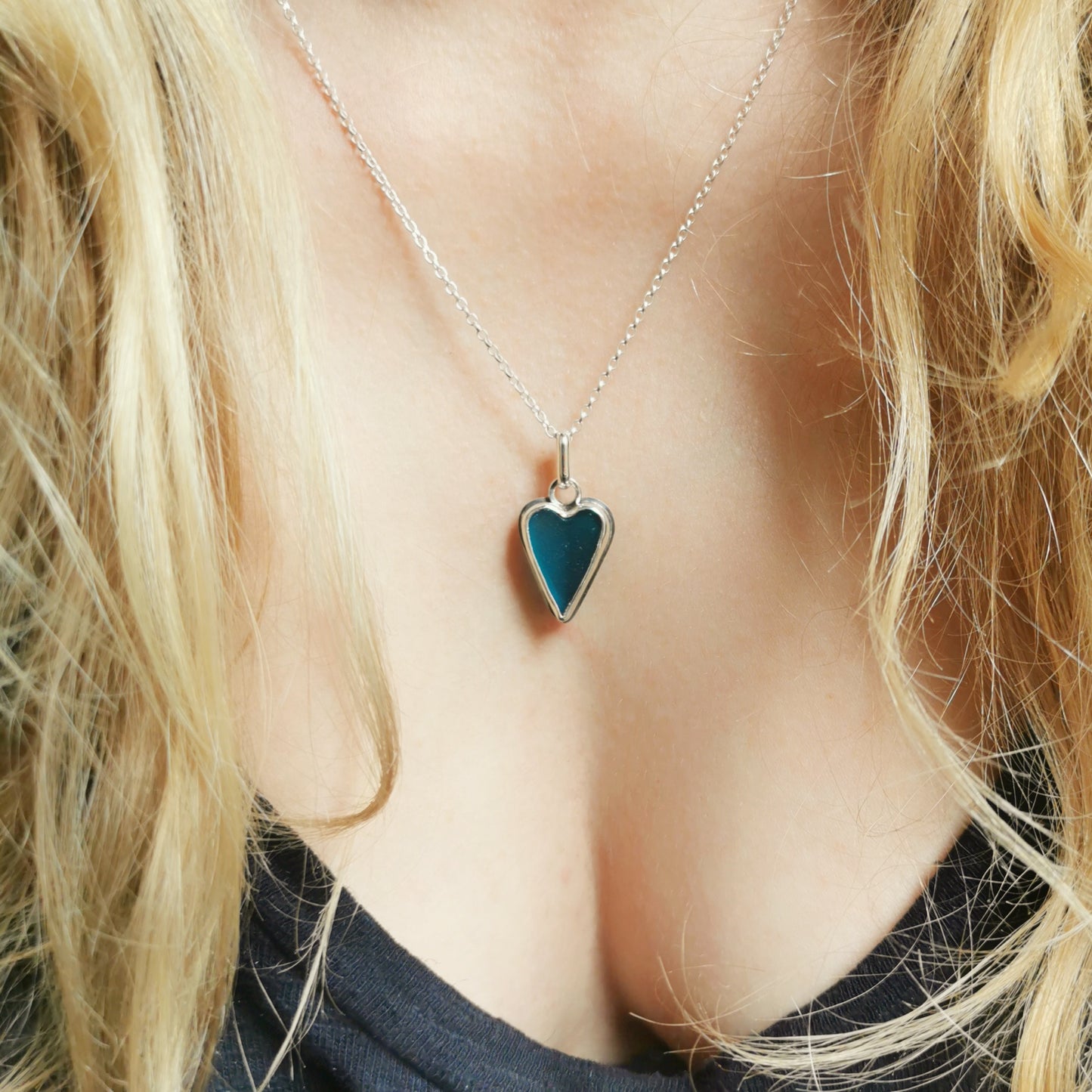 Scottish teal sea glass heart & sterling silver pendant.