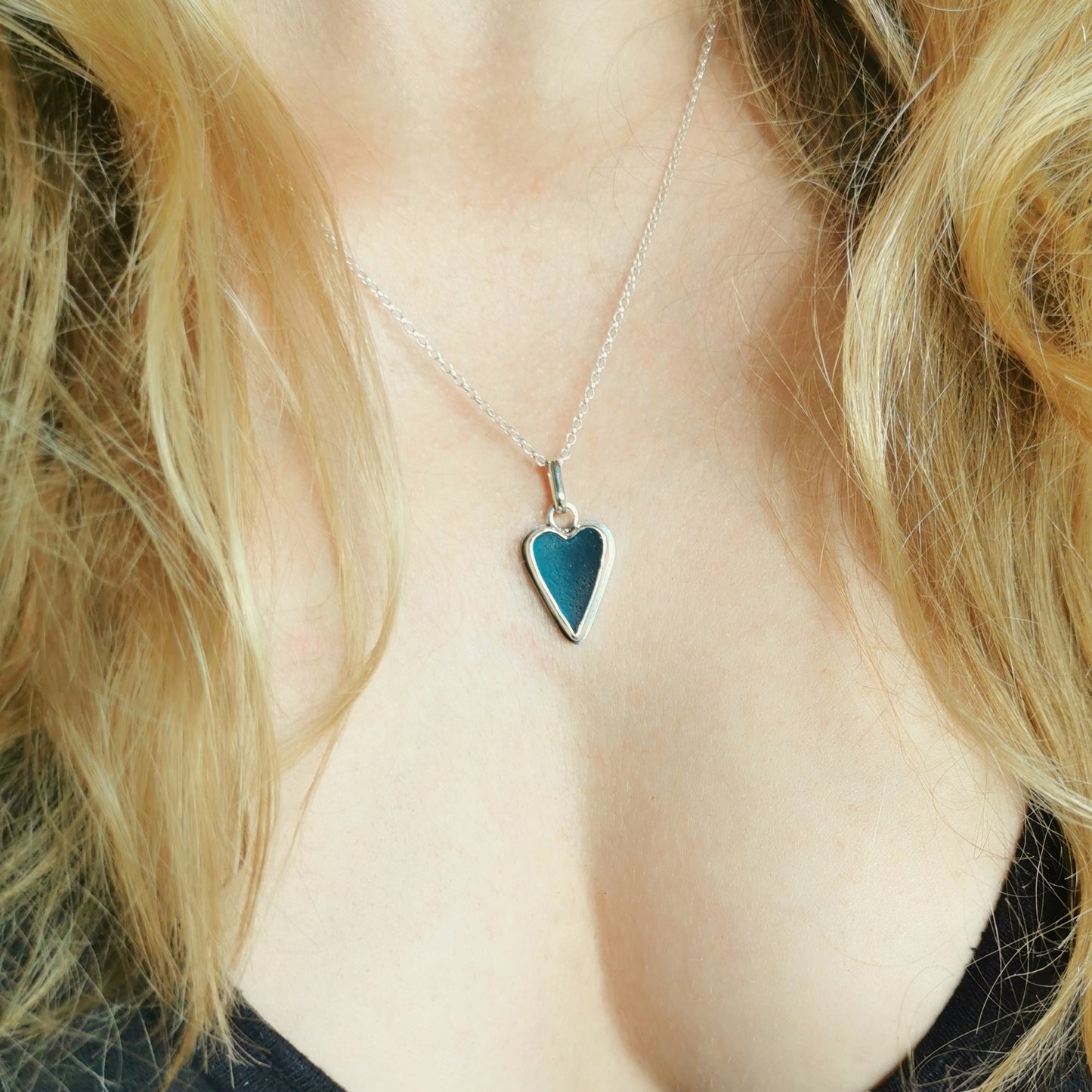 Scottish teal sea glass heart & sterling silver pendant.
