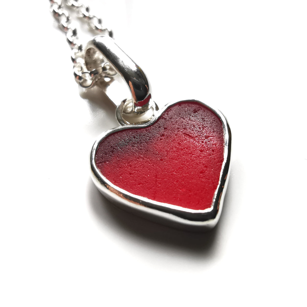 Scottish red sea glass heart & sterling silver pendant.