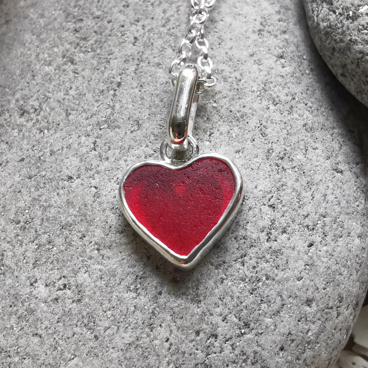 Scottish red sea glass heart & sterling silver pendant.