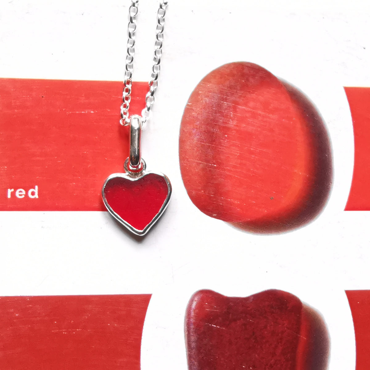 Scottish red sea glass heart & sterling silver pendant.