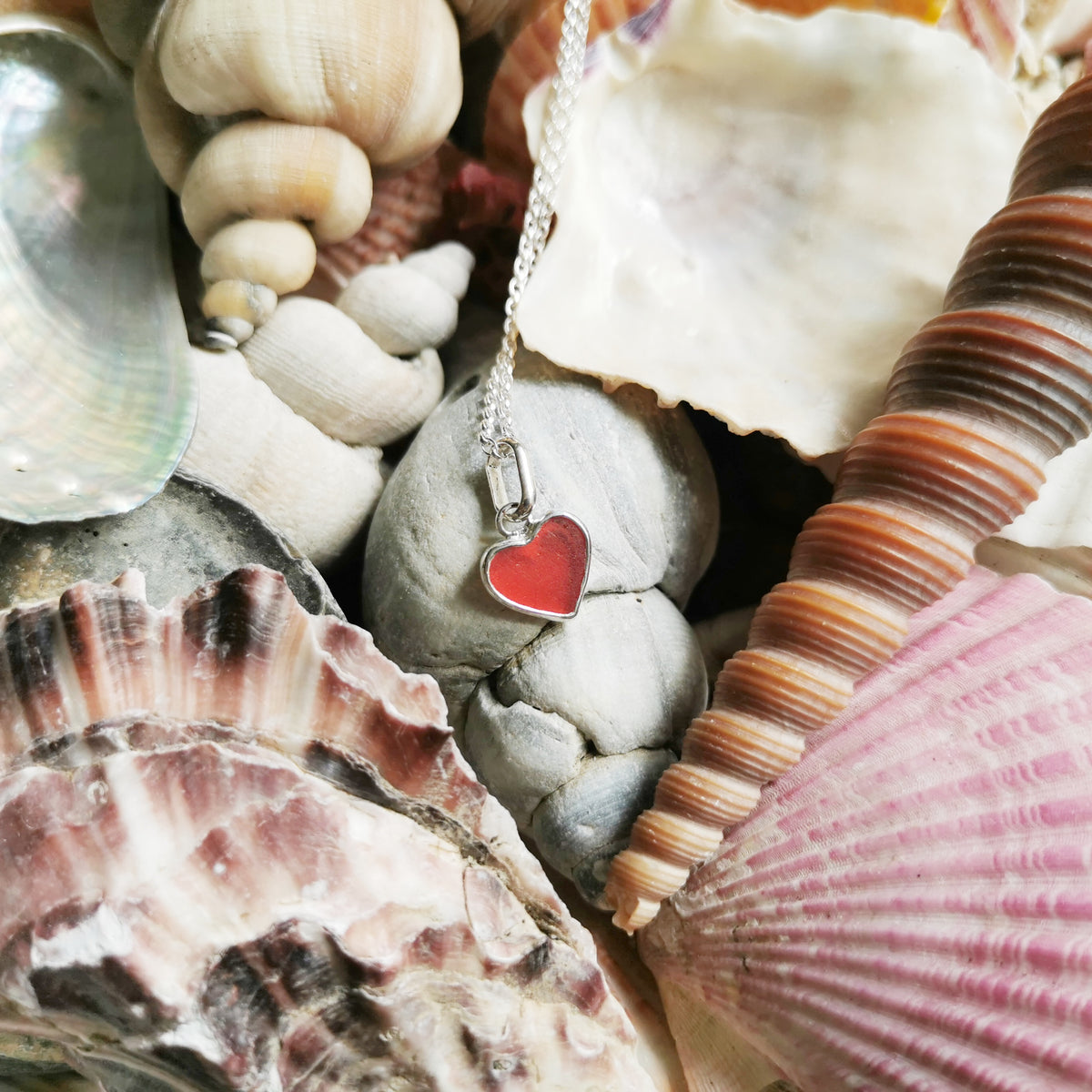 Scottish red sea glass heart & sterling silver pendant.