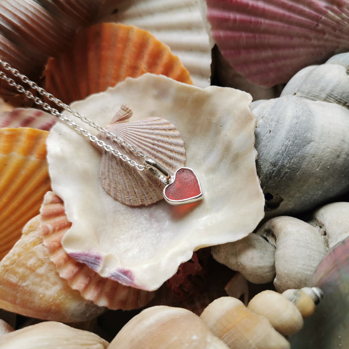 Scottish red sea glass heart & sterling silver pendant.