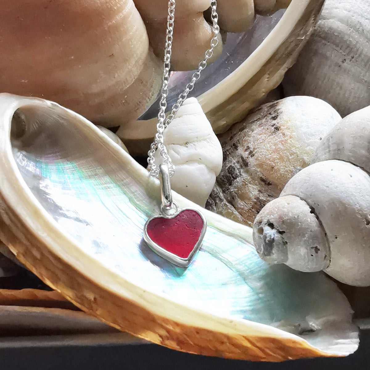 Scottish red sea glass heart & sterling silver pendant.