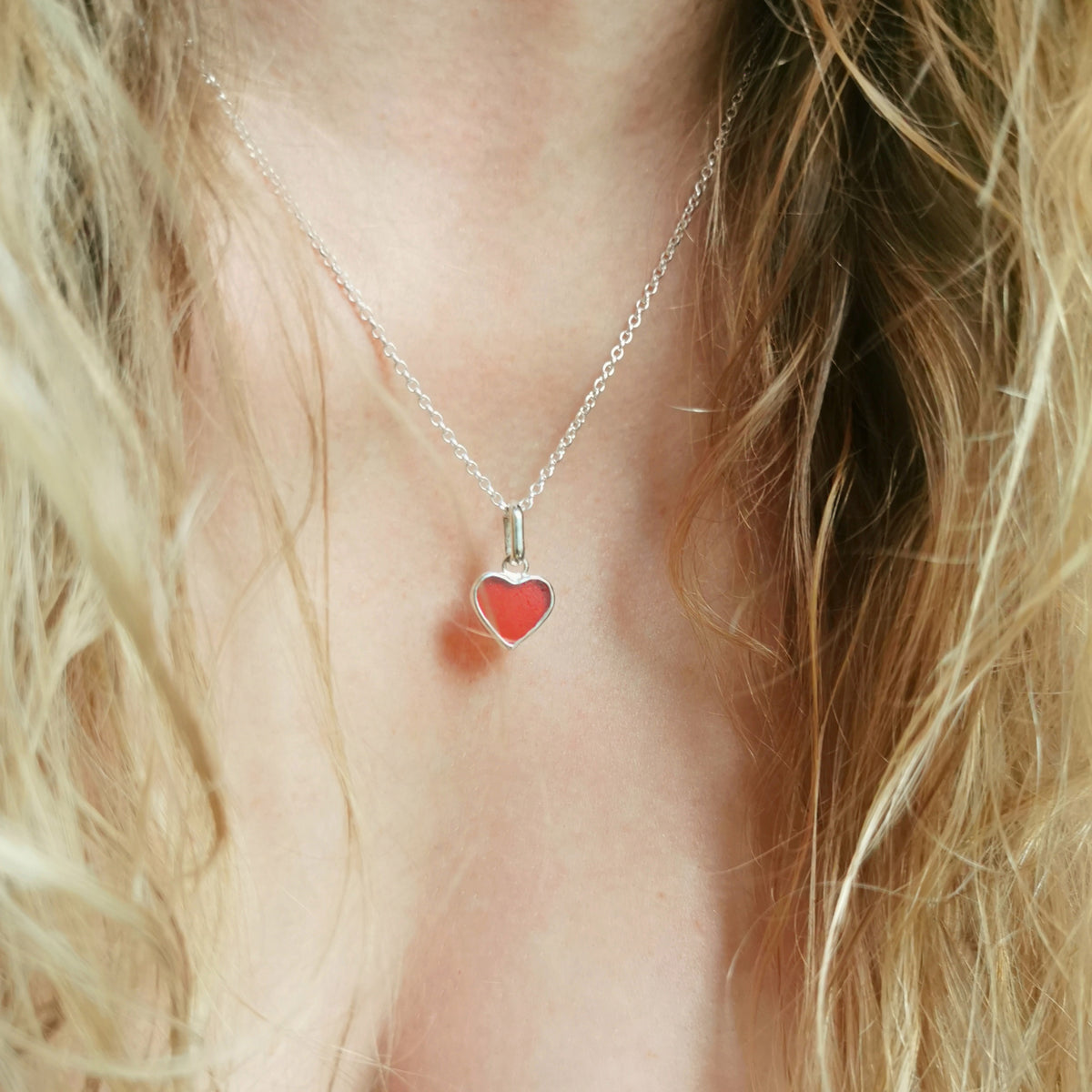 Scottish red sea glass heart & sterling silver pendant.
