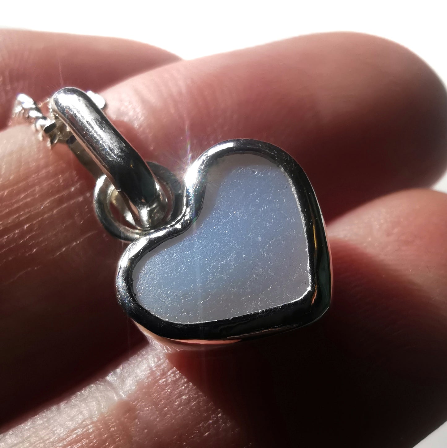 Scottish opalescent sea glass heart & sterling silver pendant.