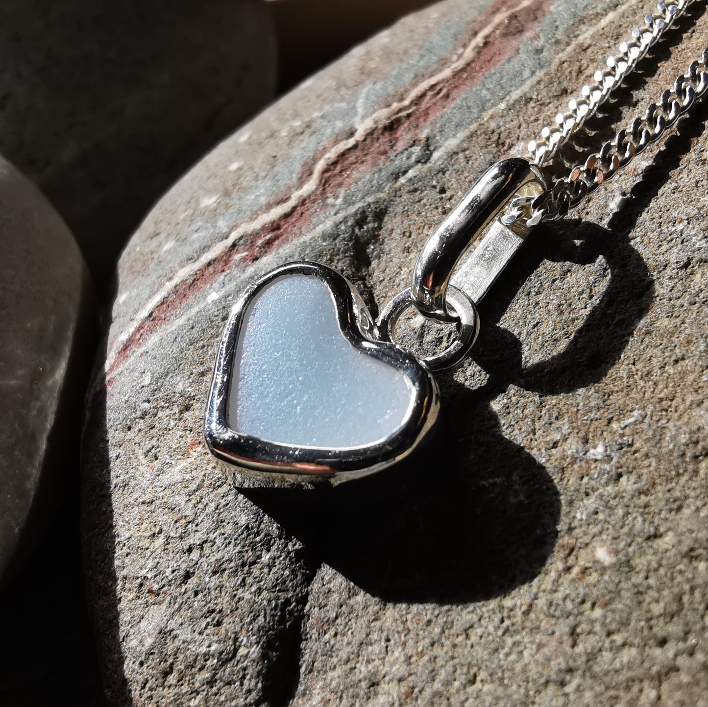 Scottish opalescent sea glass heart & sterling silver pendant.