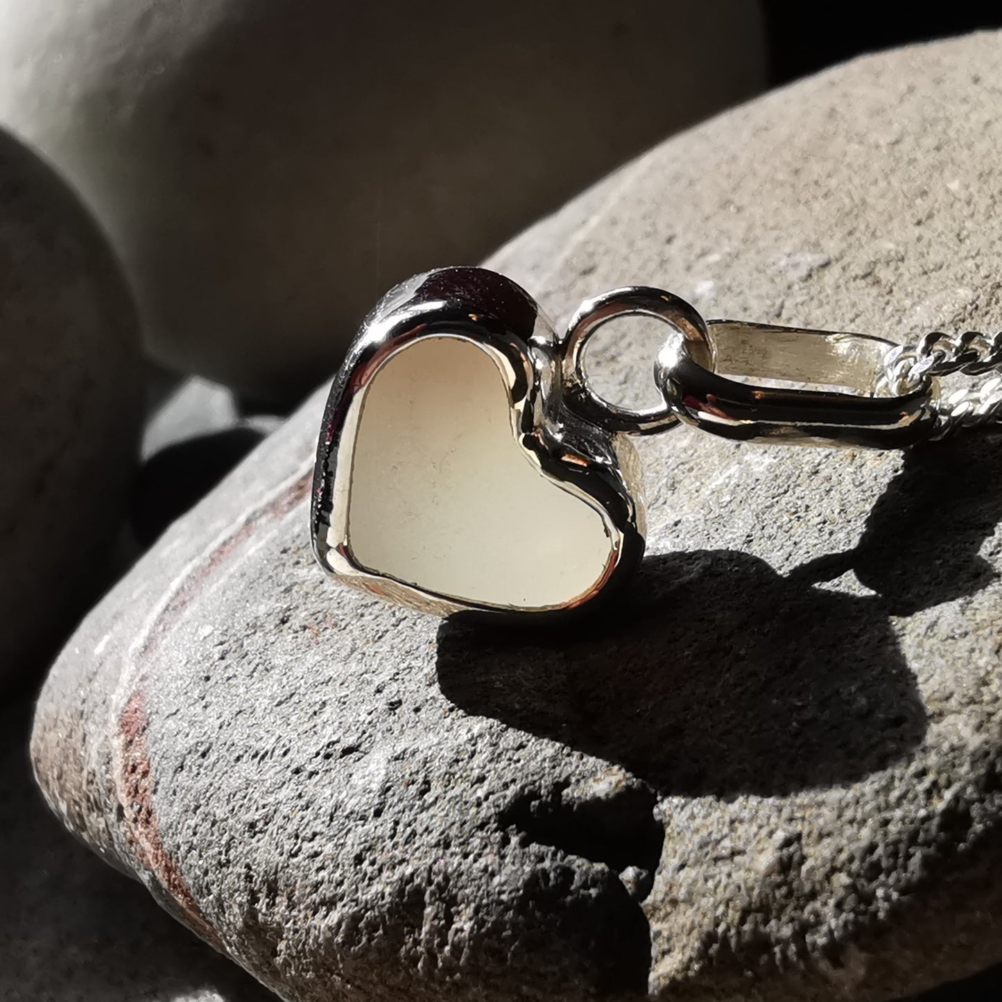 Scottish opalescent sea glass heart & sterling silver pendant.