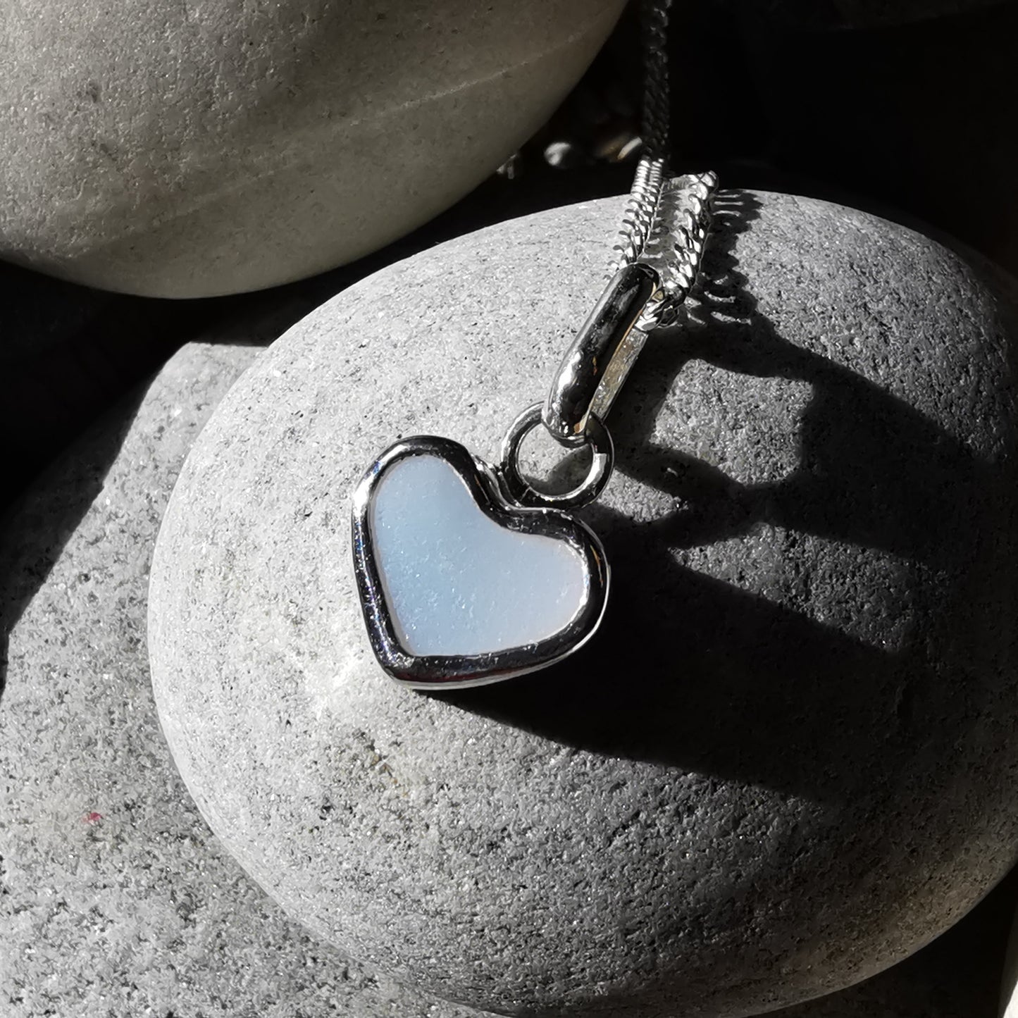Scottish opalescent sea glass heart & sterling silver pendant.