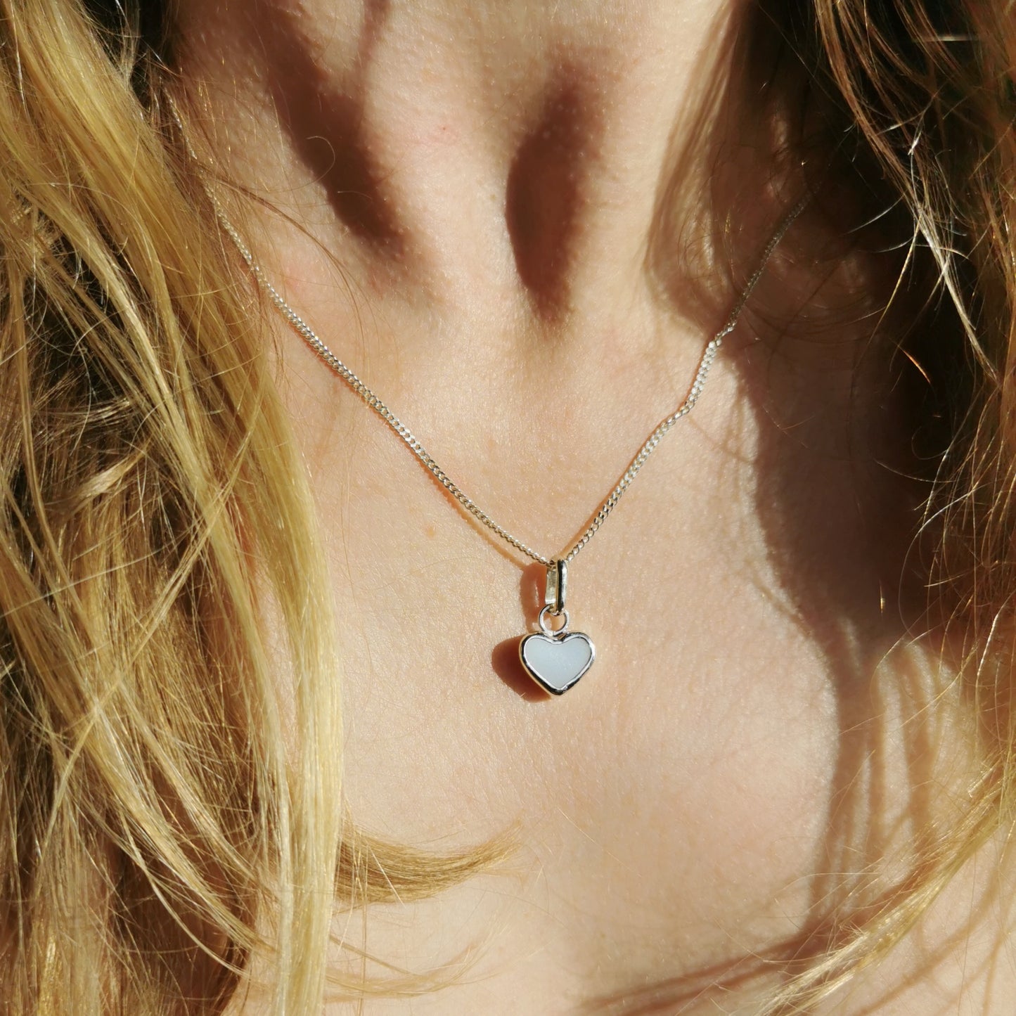 Scottish opalescent sea glass heart & sterling silver pendant.