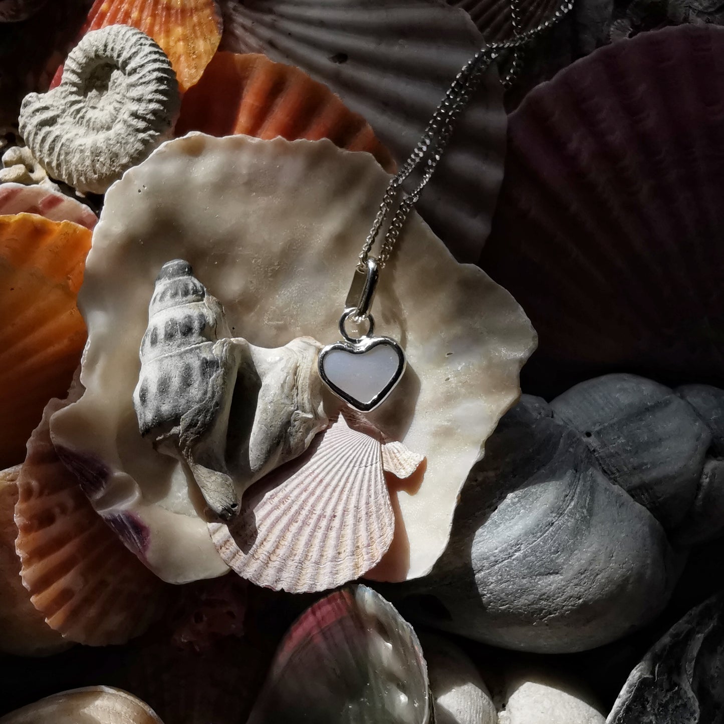 Scottish opalescent sea glass heart & sterling silver pendant.