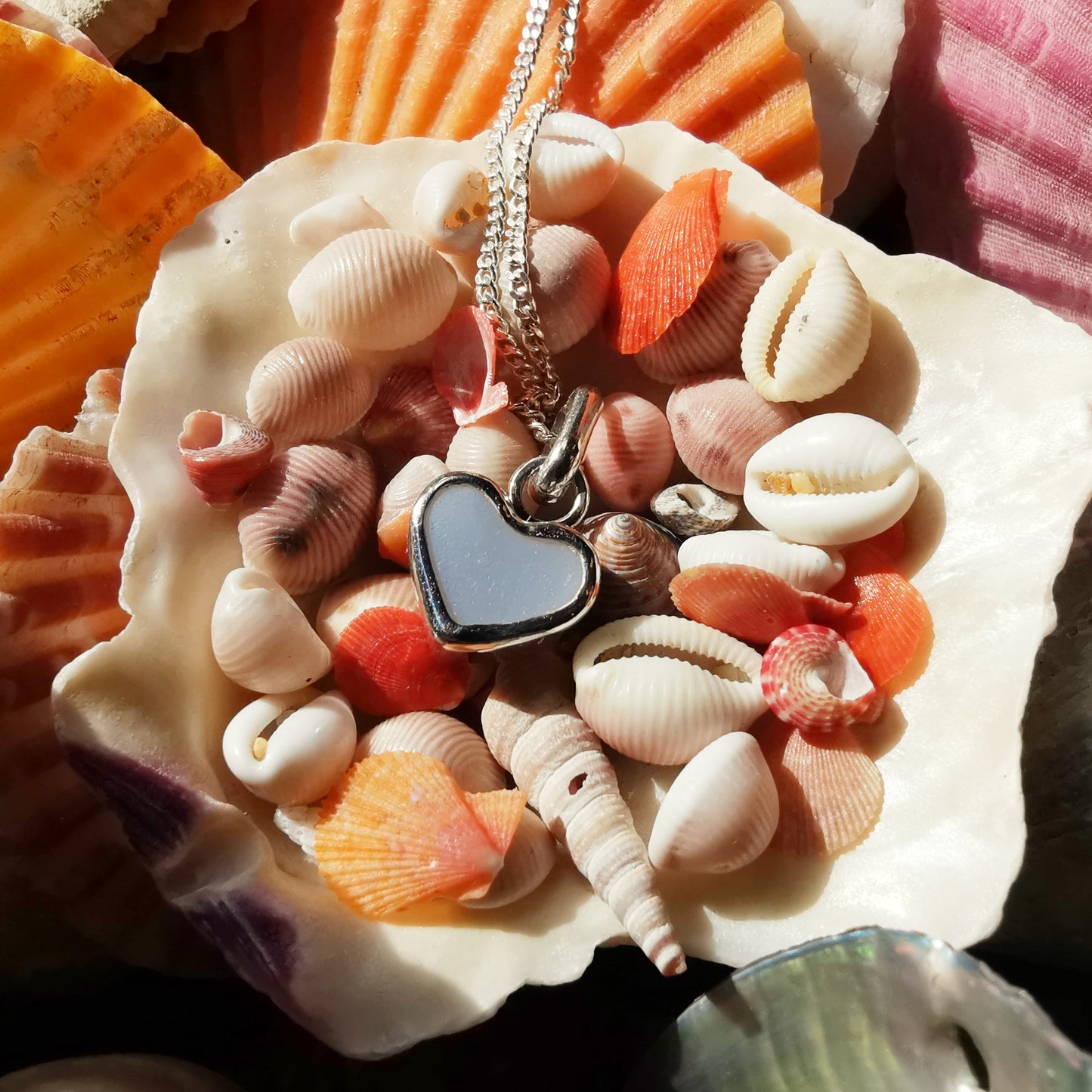 Scottish opalescent sea glass heart & sterling silver pendant.