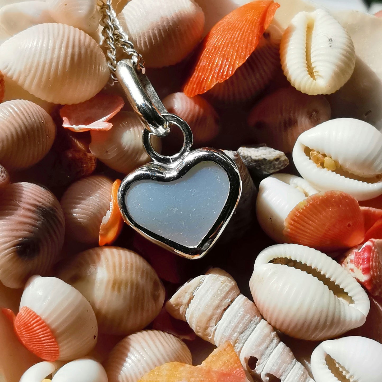 Scottish opalescent sea glass heart & sterling silver pendant.