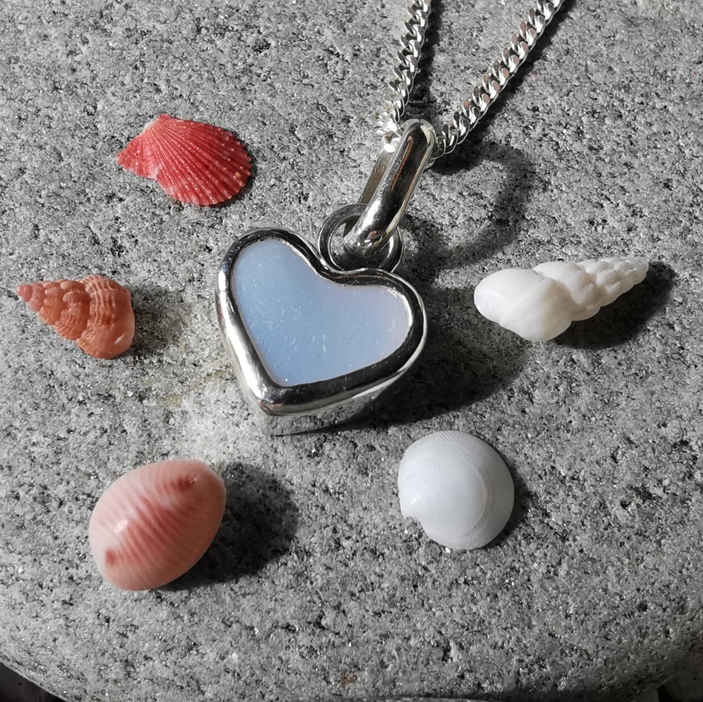 Scottish opalescent sea glass heart & sterling silver pendant.