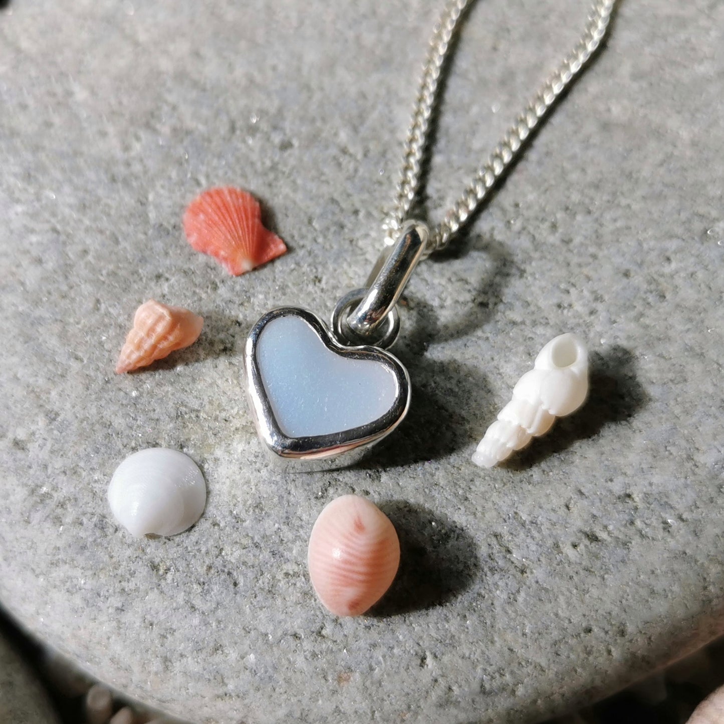 Scottish opalescent sea glass heart & sterling silver pendant.