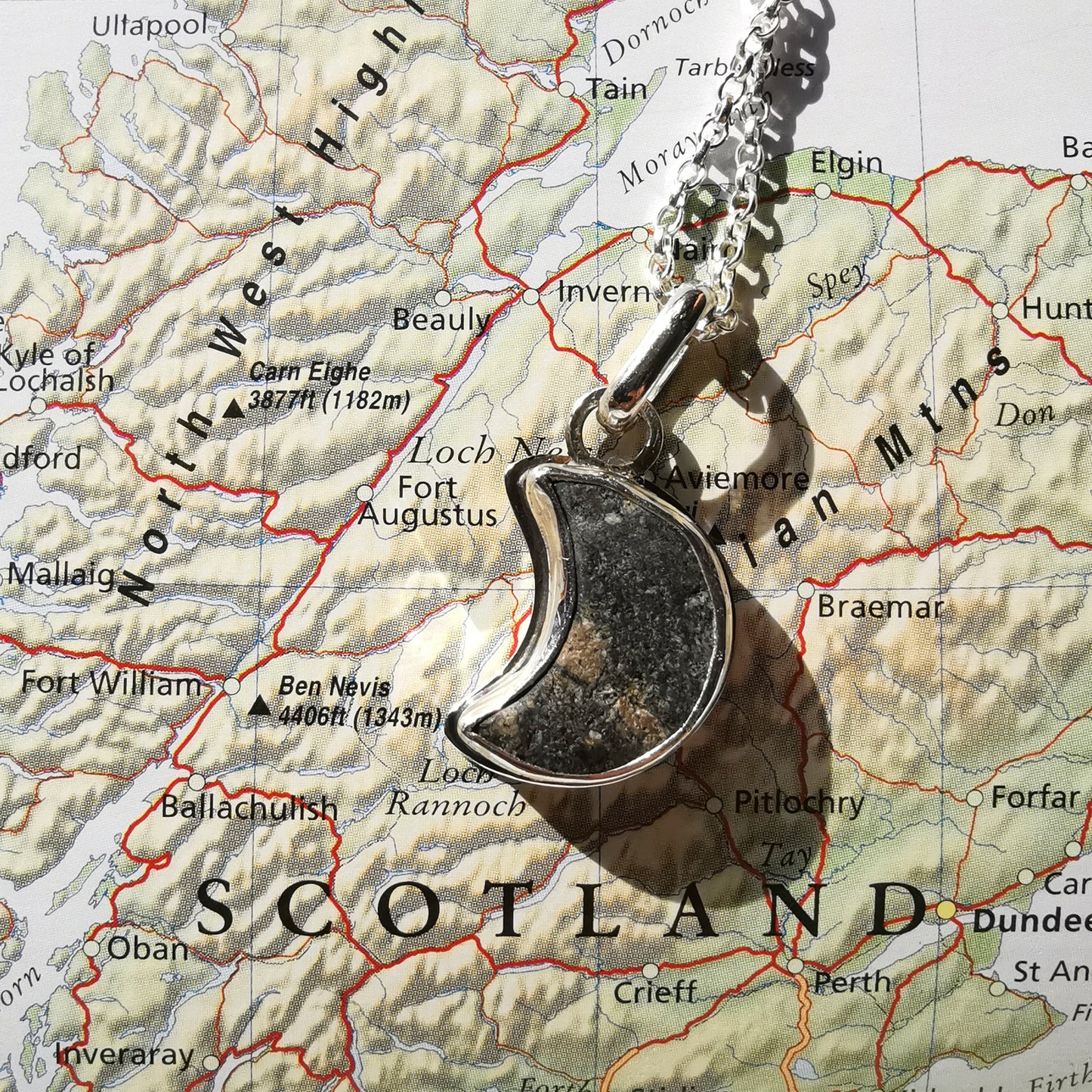 Handcrafted Ben Nevis moon rock pendant, Scottish mountain silver necklace hiking nature jewellery.
