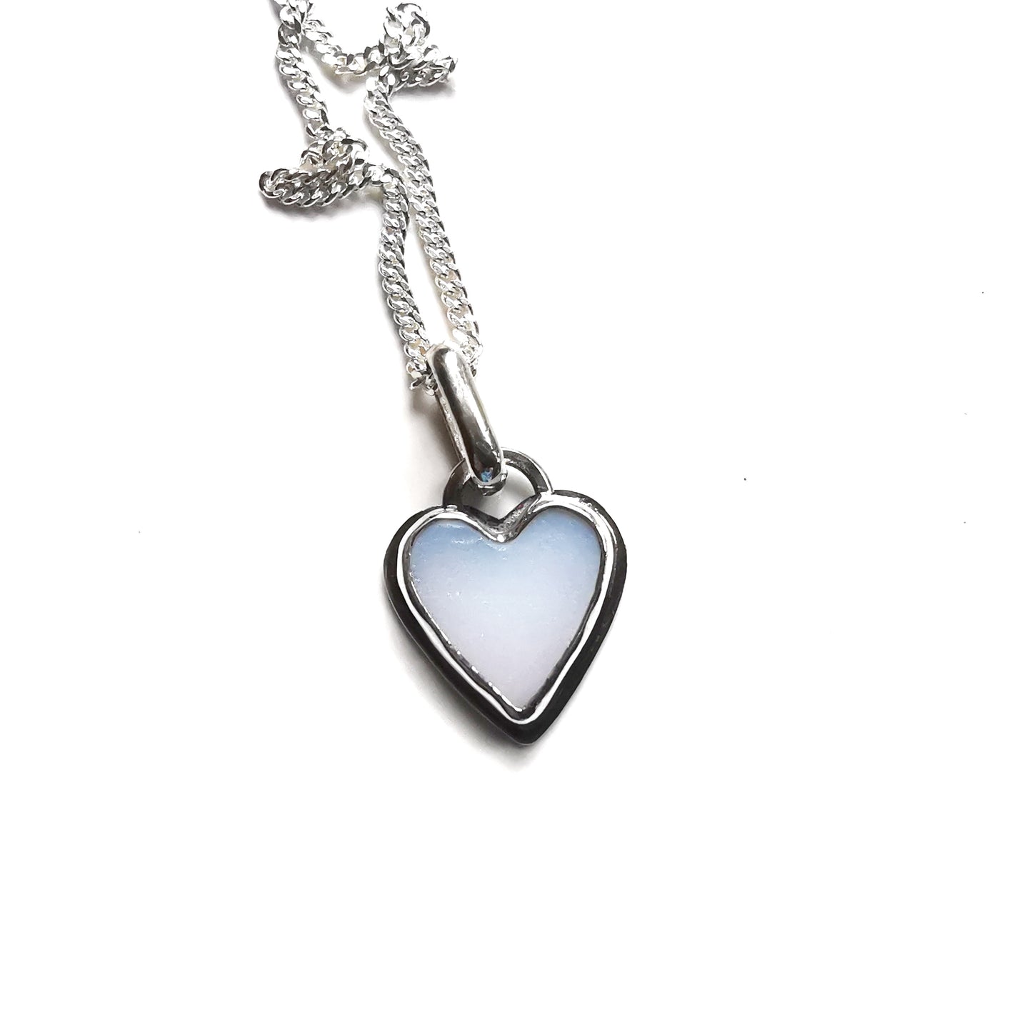 Scottish opalescent sea glass heart & sterling silver pendant.