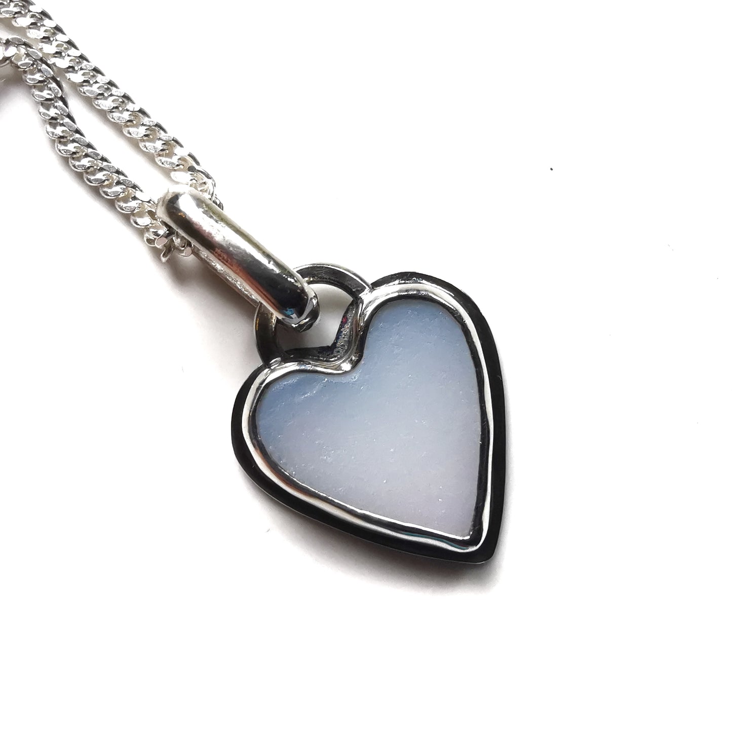 Scottish opalescent sea glass heart & sterling silver pendant.