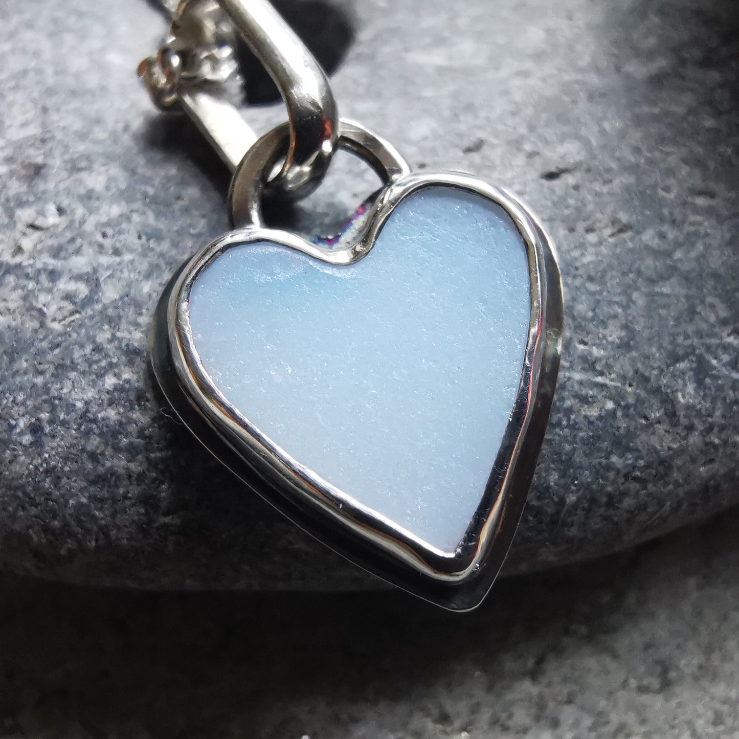 Scottish opalescent sea glass heart & sterling silver pendant.