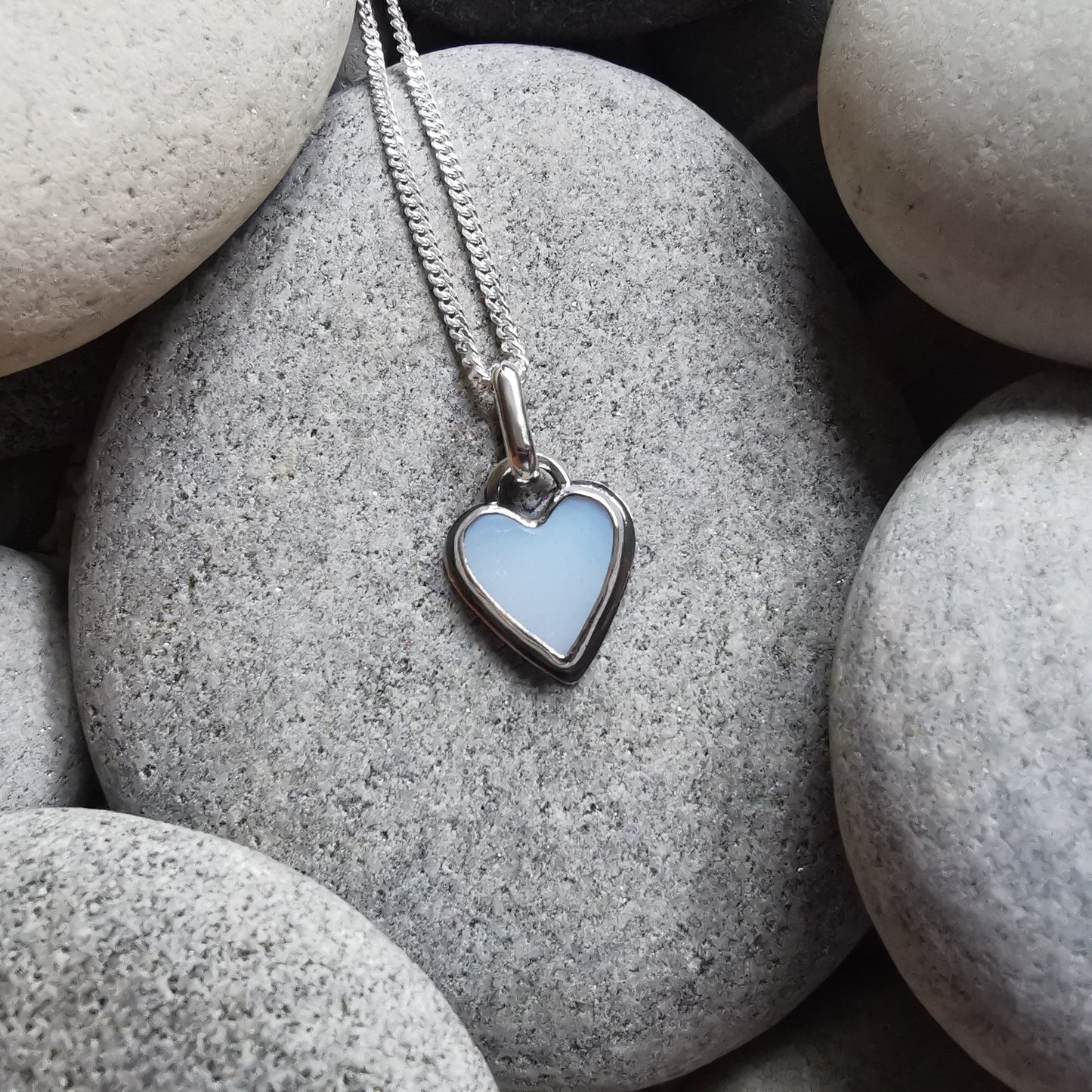 Scottish opalescent sea glass heart & sterling silver pendant.
