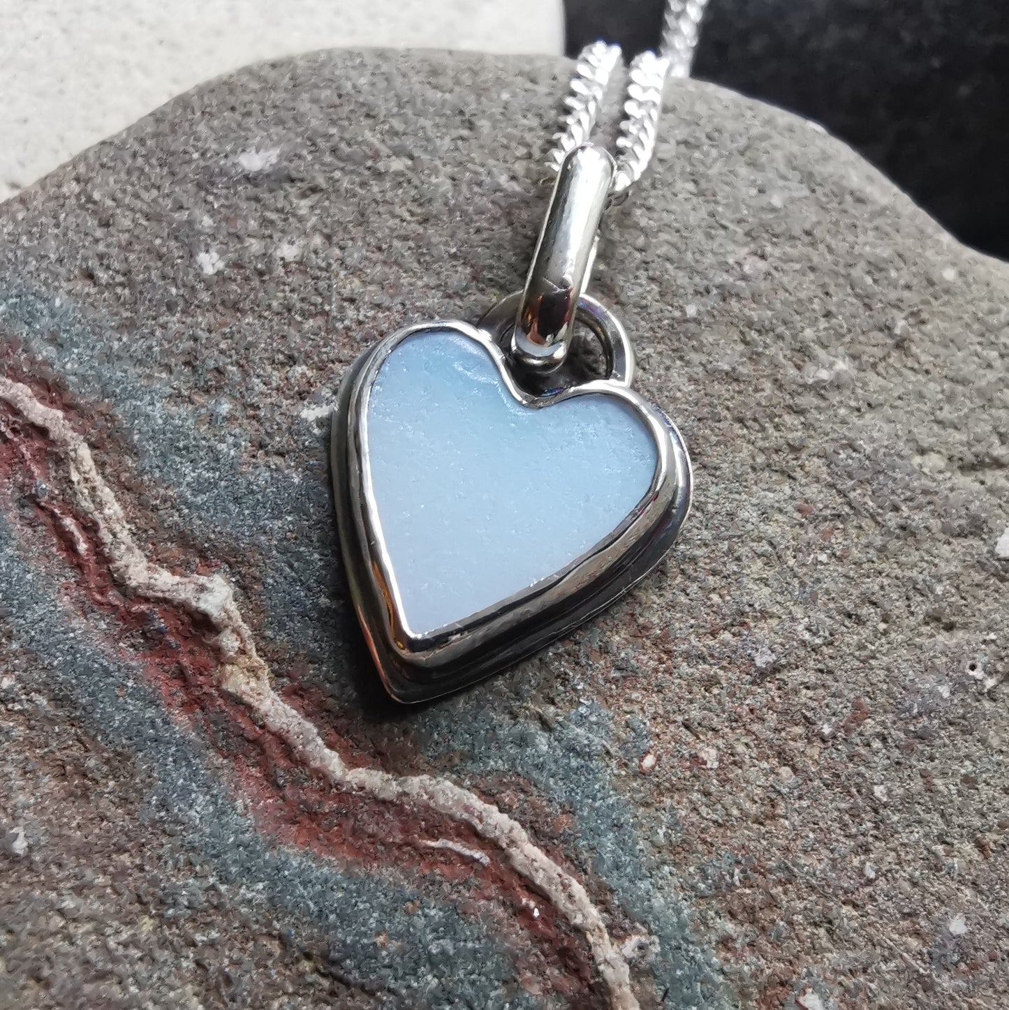 Scottish opalescent sea glass heart & sterling silver pendant.