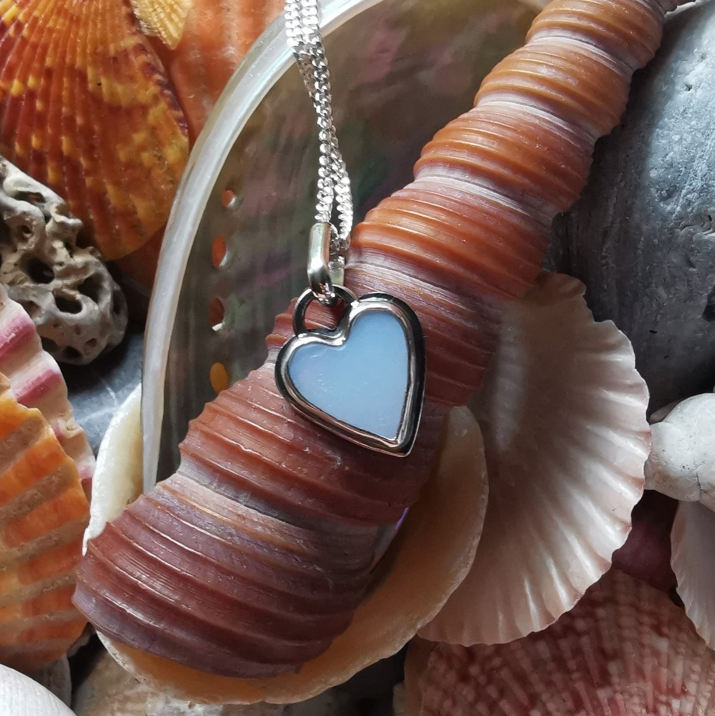 Scottish opalescent sea glass heart & sterling silver pendant.