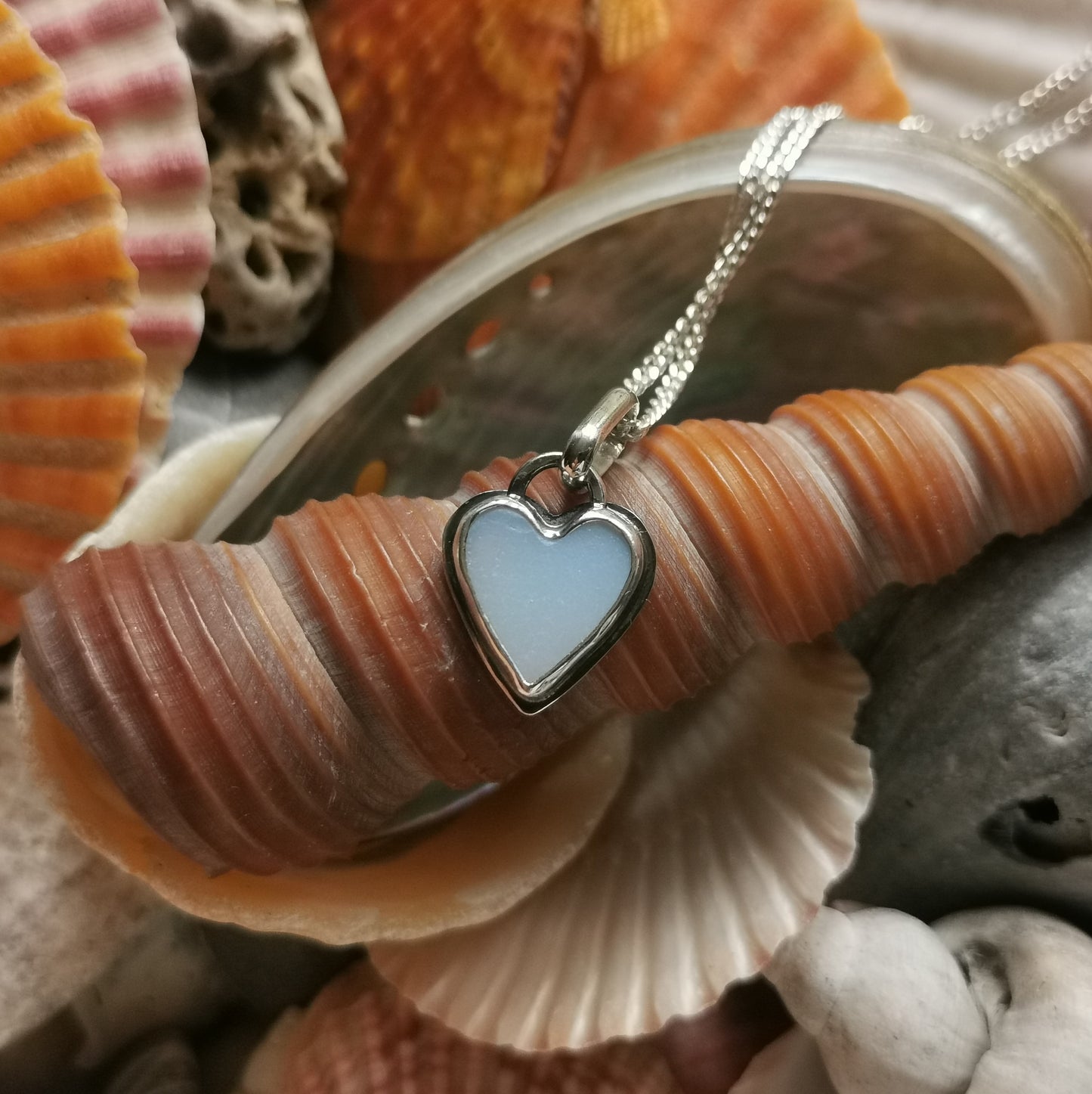 Scottish opalescent sea glass heart & sterling silver pendant.