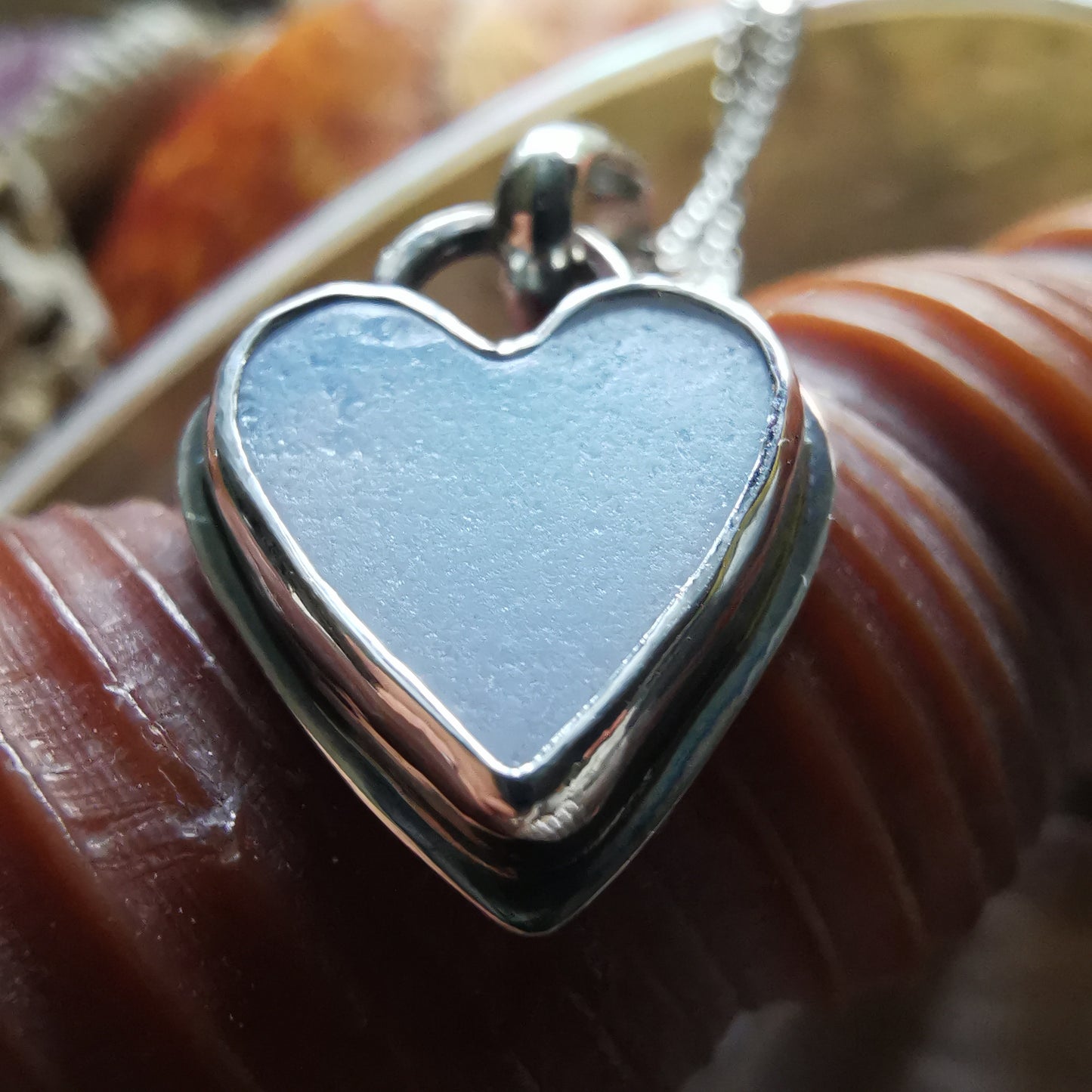 Scottish opalescent sea glass heart & sterling silver pendant.