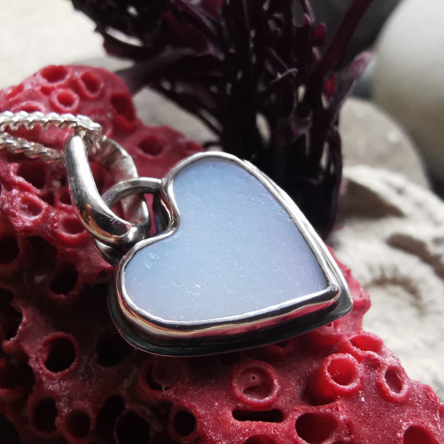 Scottish opalescent sea glass heart & sterling silver pendant.