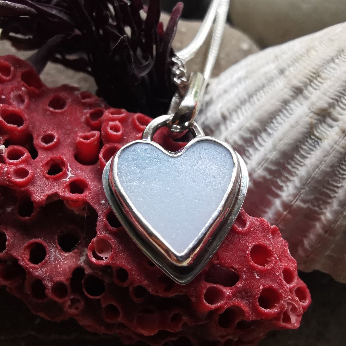 Scottish opalescent sea glass heart & sterling silver pendant.