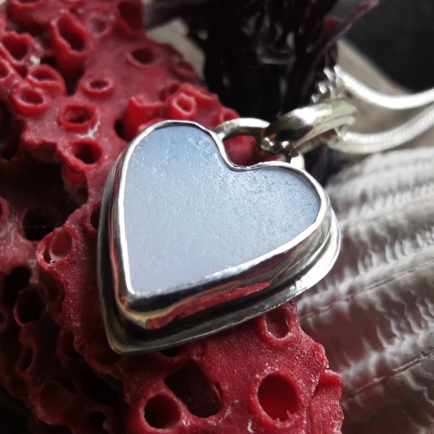 Scottish opalescent sea glass heart & sterling silver pendant.