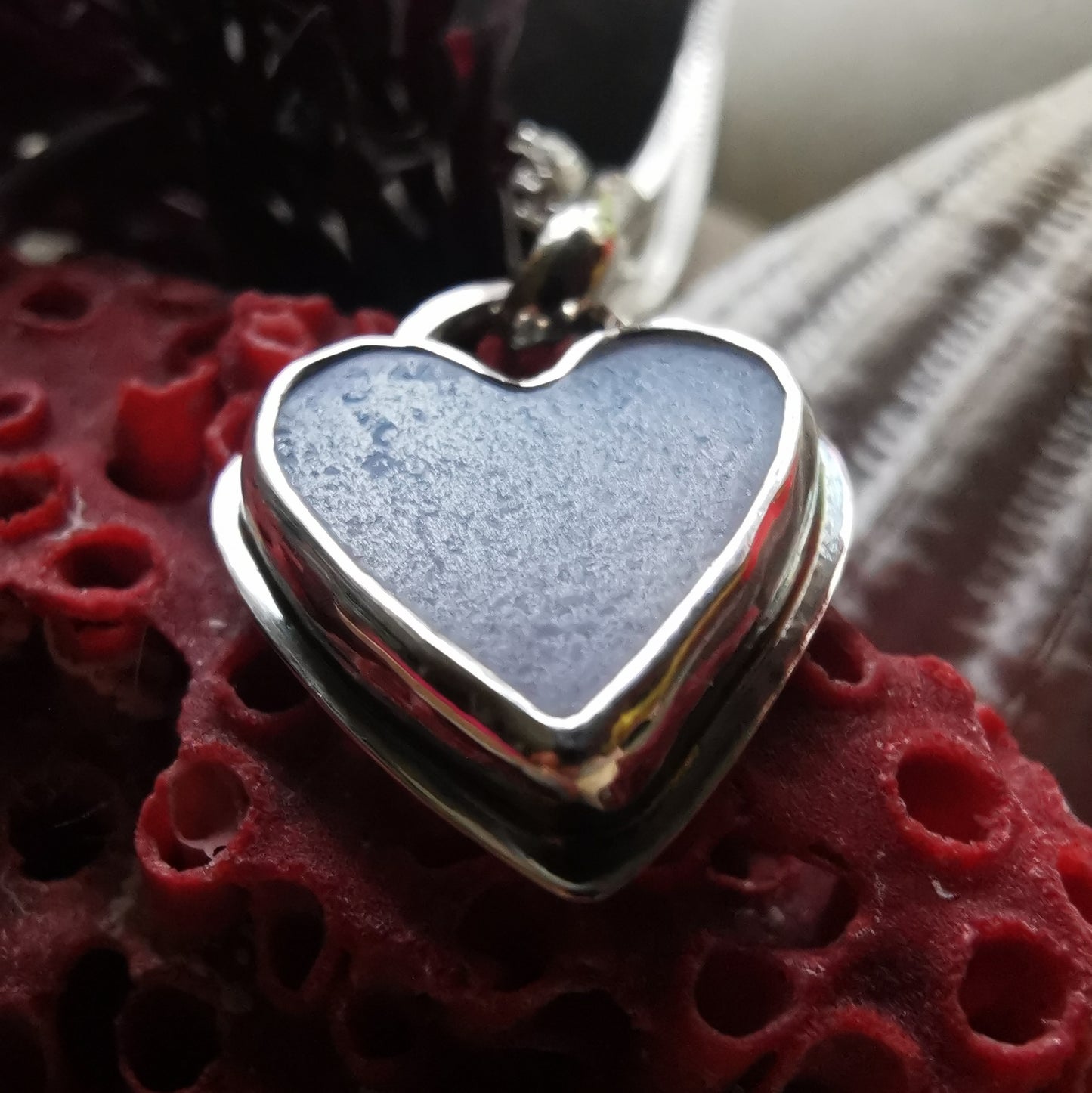 Scottish opalescent sea glass heart & sterling silver pendant.