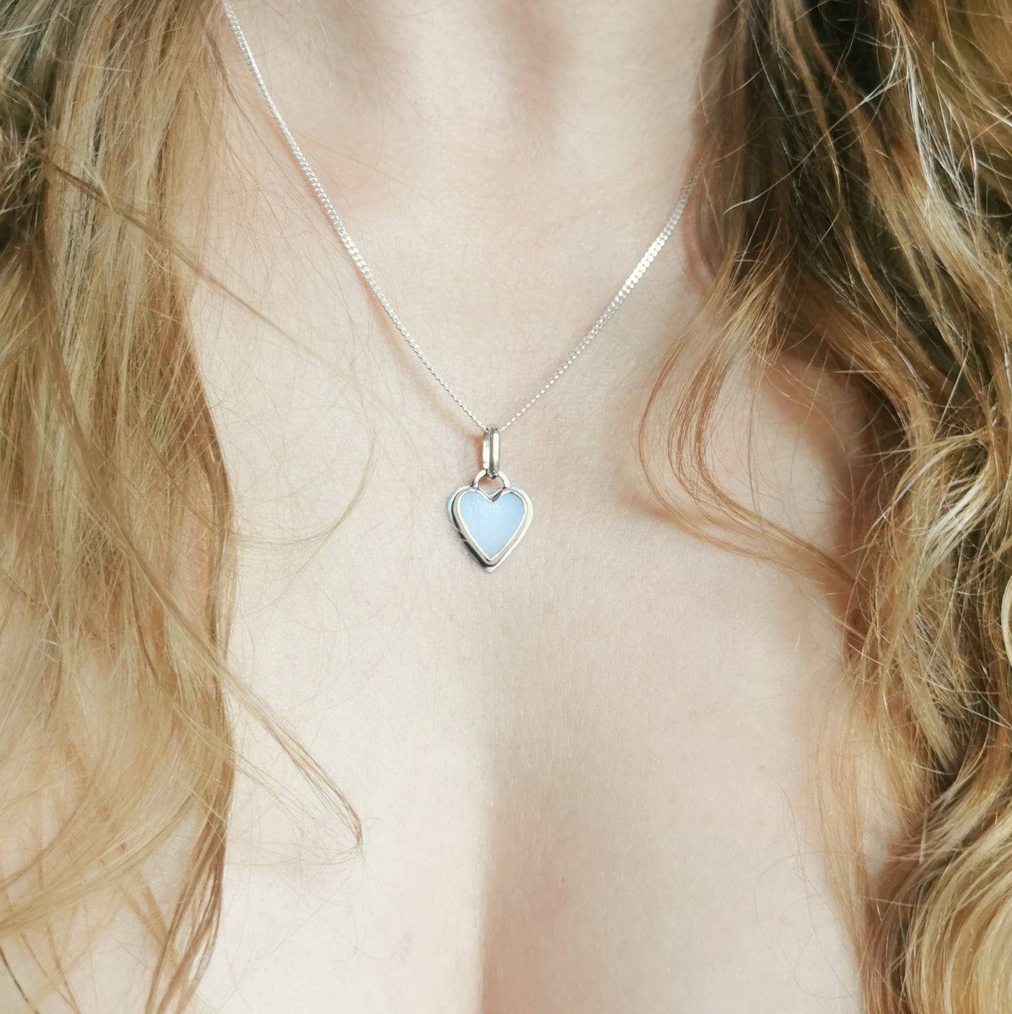 Scottish opalescent sea glass heart & sterling silver pendant.
