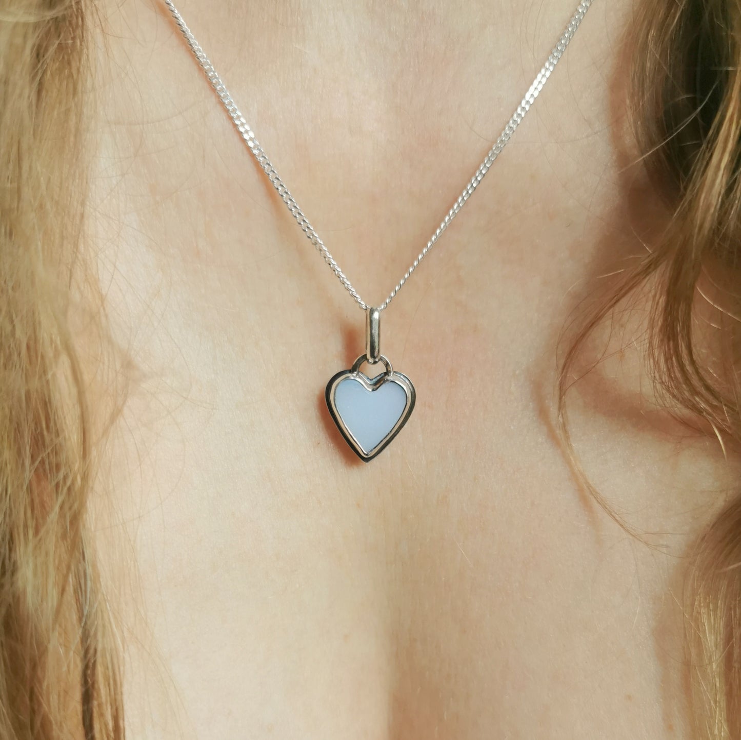 Scottish opalescent sea glass heart & sterling silver pendant.