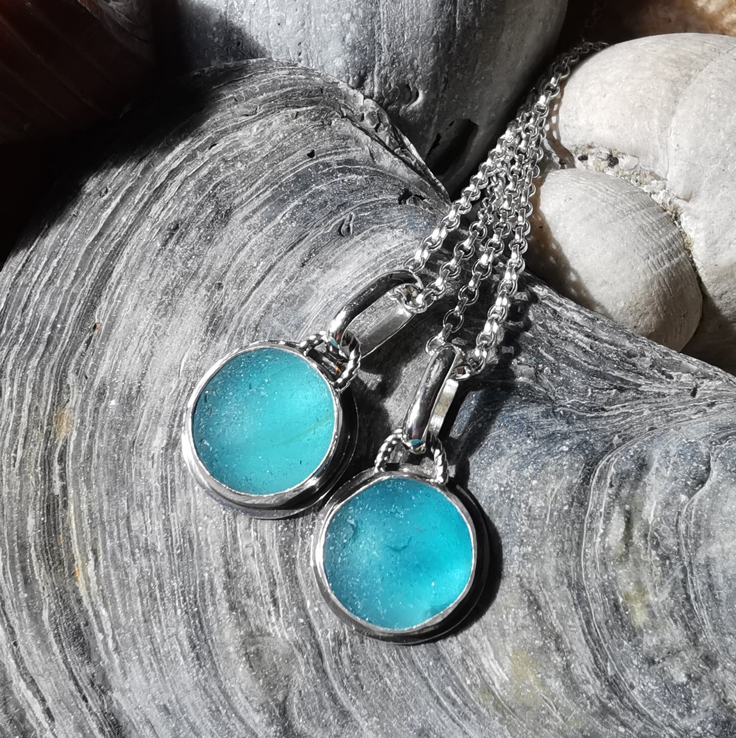 Matching sea glass marble pendants set, sterling silver, best friend, sisters, mother daughter jewellery.