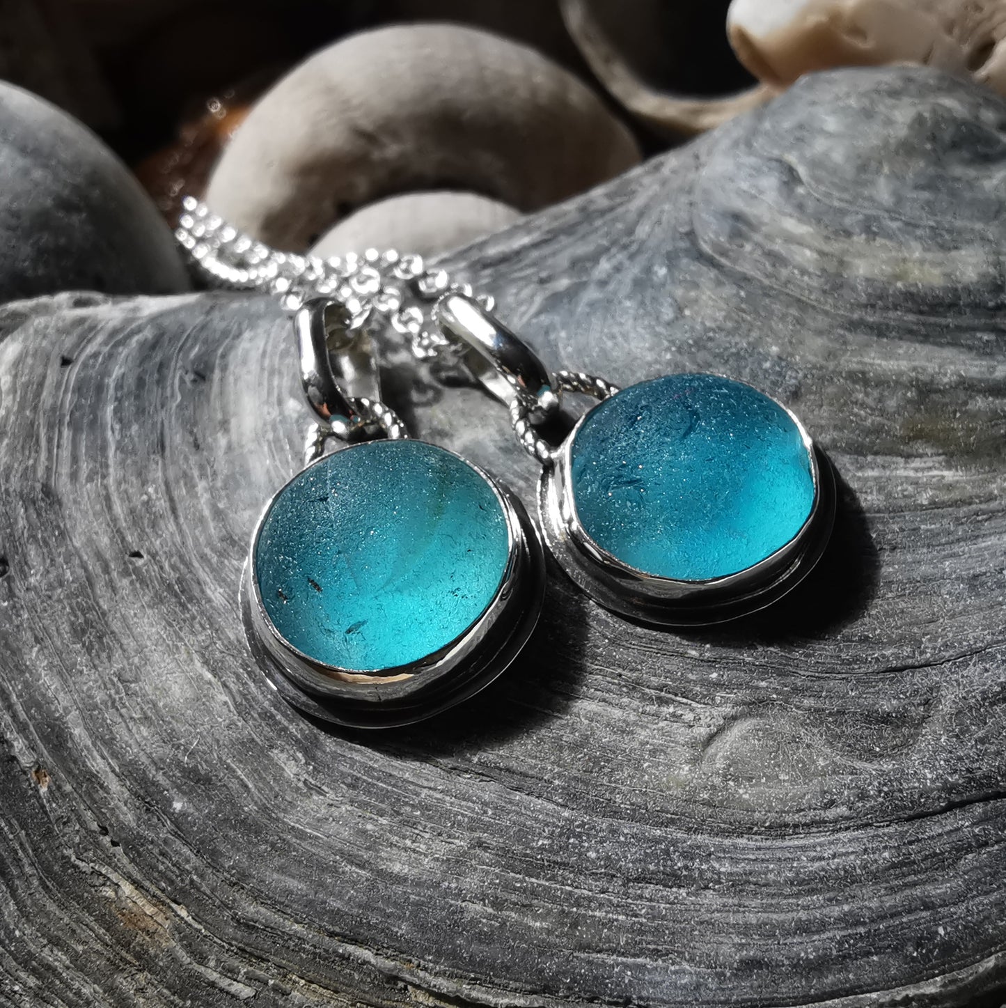 Matching sea glass marble pendants set, sterling silver, best friend, sisters, mother daughter jewellery.