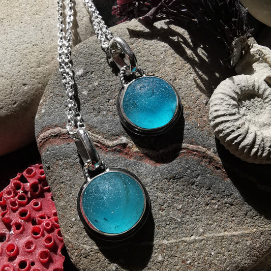 Matching sea glass marble pendants set, sterling silver, best friend, sisters, mother daughter jewellery.