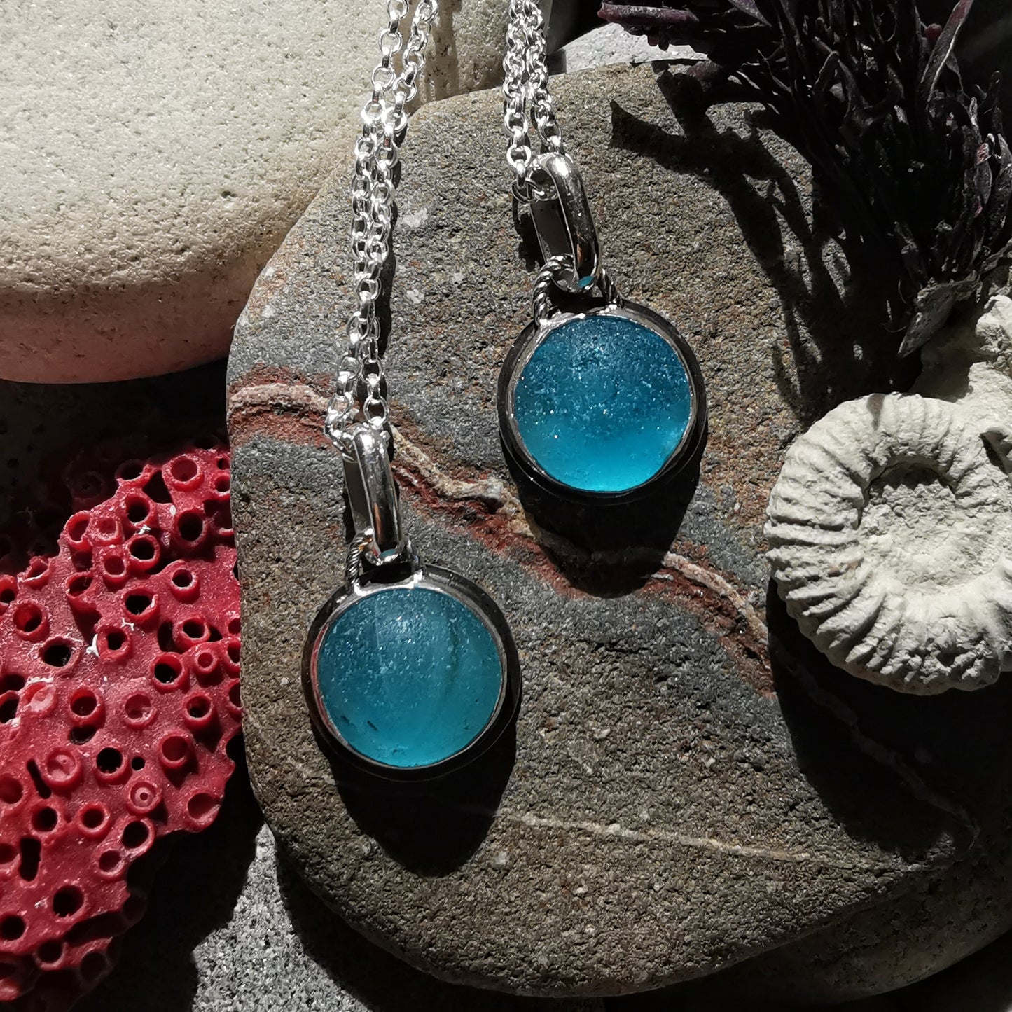 Matching sea glass marble pendants set, sterling silver, best friend, sisters, mother daughter jewellery.