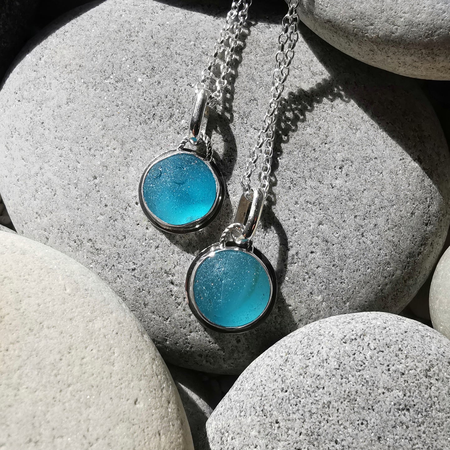 Matching sea glass marble pendants set, sterling silver, best friend, sisters, mother daughter jewellery.