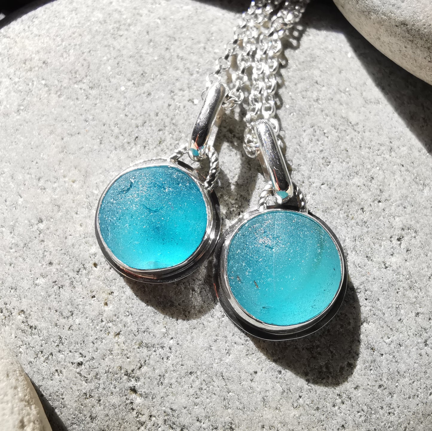 Matching sea glass marble pendants set, sterling silver, best friend, sisters, mother daughter jewellery.